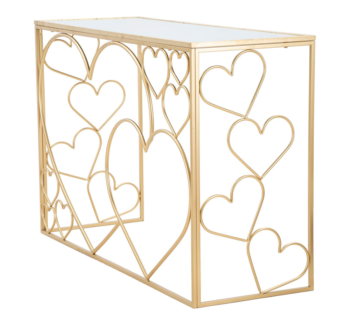 Consolle Heart cuori in metallo dorata con piano a specchio cm 120x43x80