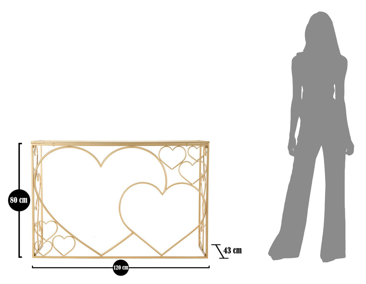 Consolle Heart cuori in metallo dorata con piano a specchio cm 120x43x80