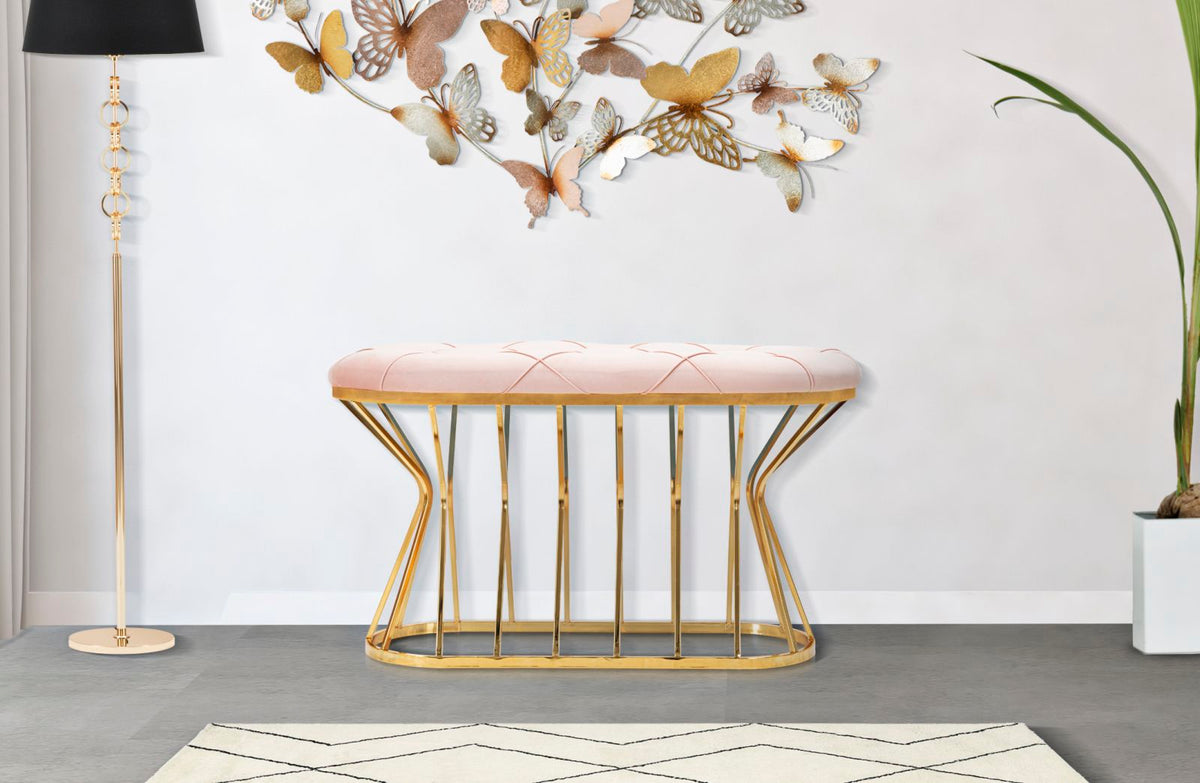 Panca Zig in tessuto rosa con struttura dorata cm 91x38x52