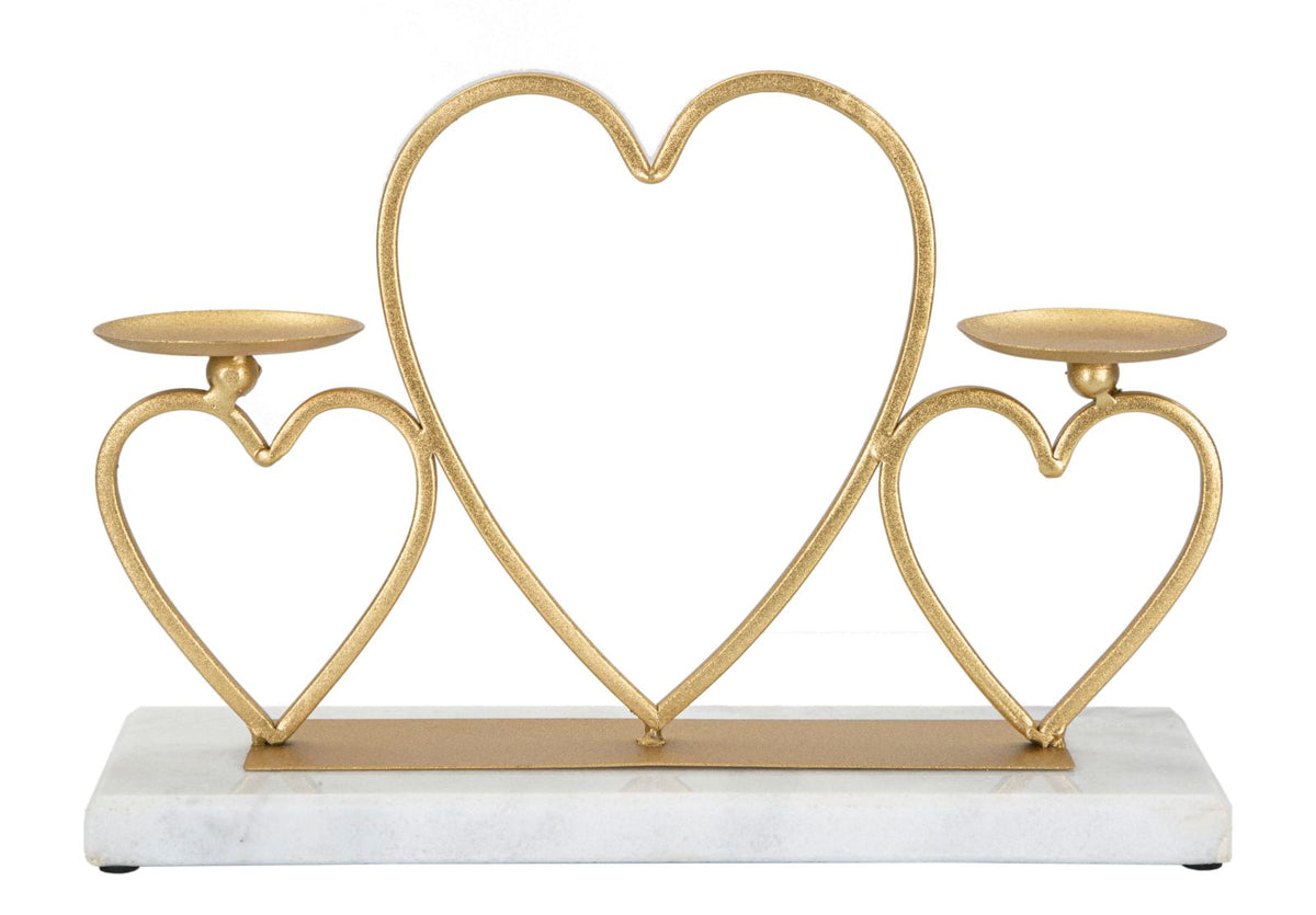 Portacandele Hearts in metallo dorato con base in marmo bianco