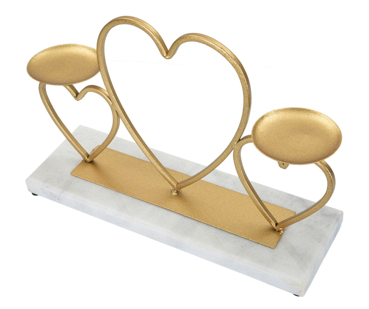 Portacandele Hearts in metallo dorato con base in marmo bianco