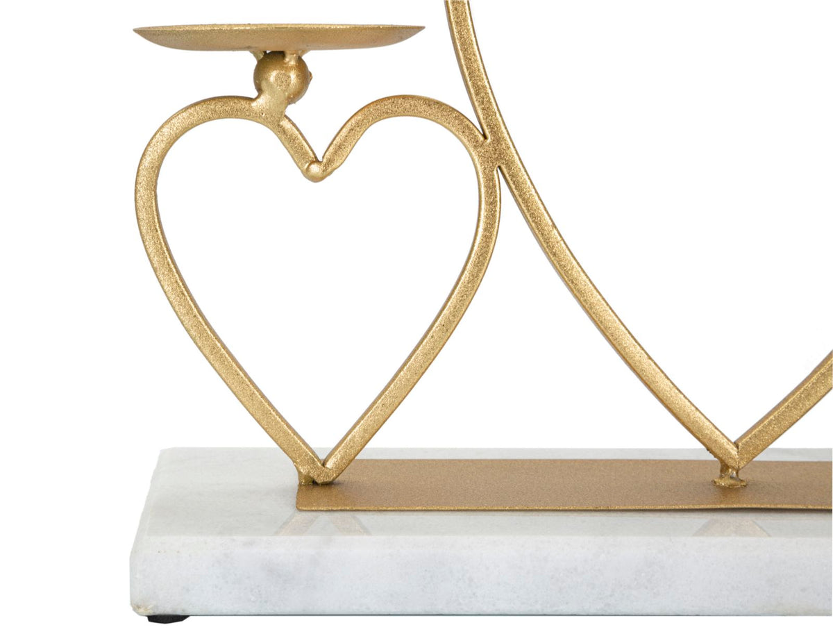 Portacandele Hearts in metallo dorato con base in marmo bianco