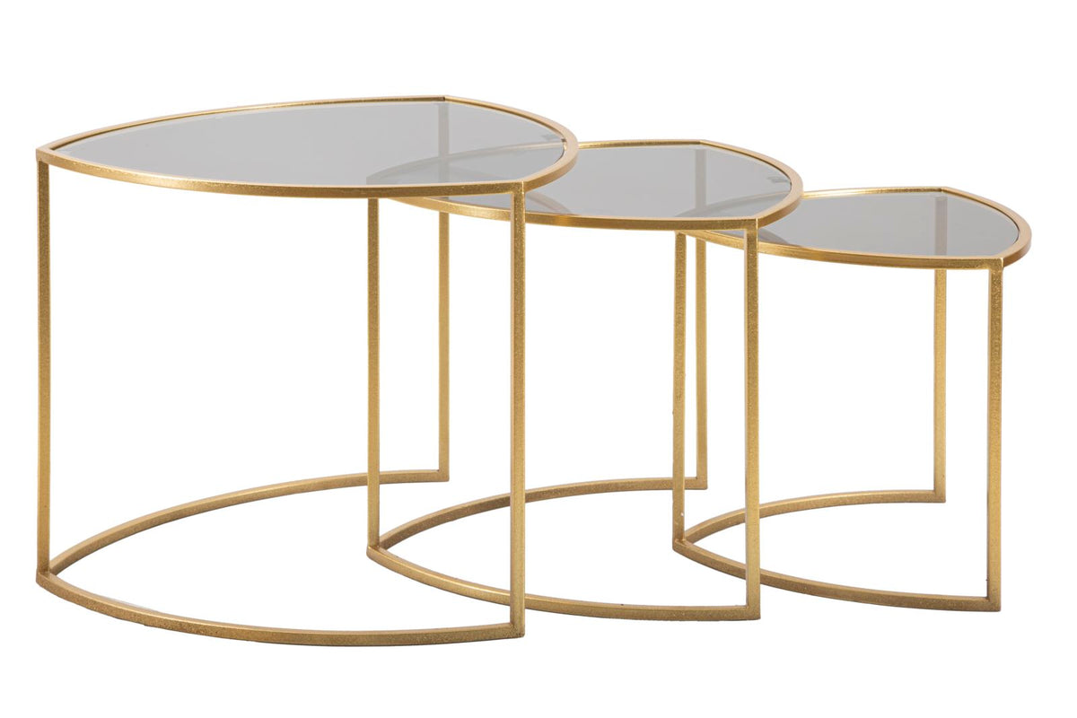 Set di tre tavolinetti triangolari metallo dorato