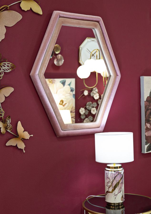 Specchio Tony da parete in velluto rosa cm 75x4x80