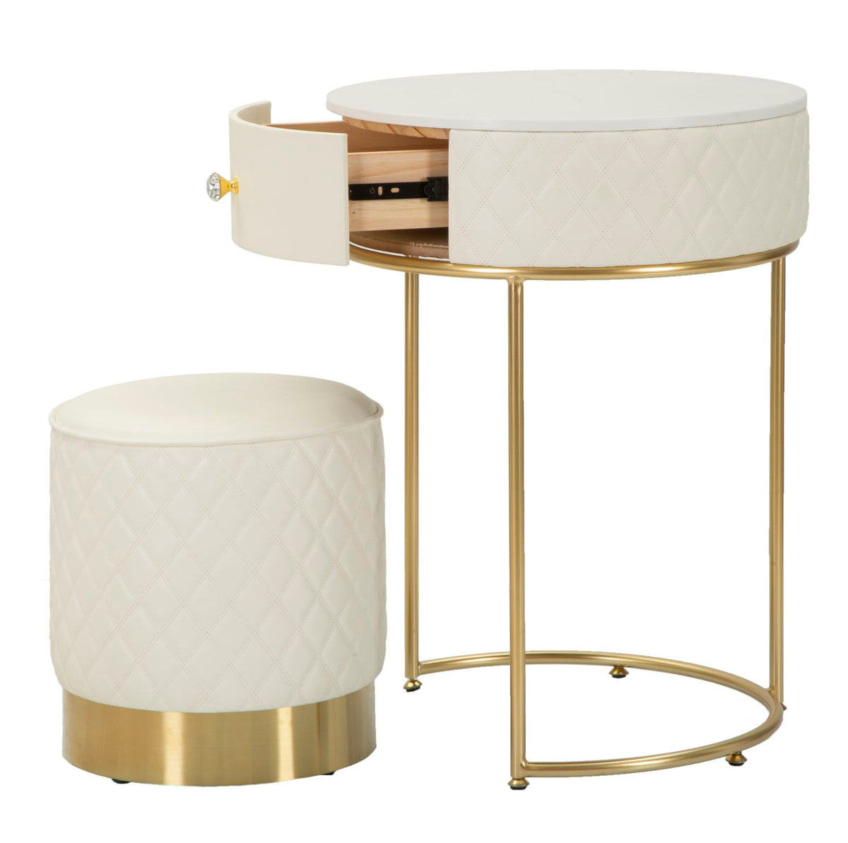 Comodino/Toeletta Sharon con cassetto e pouf cm Ø 52x70 - Ø 36x39