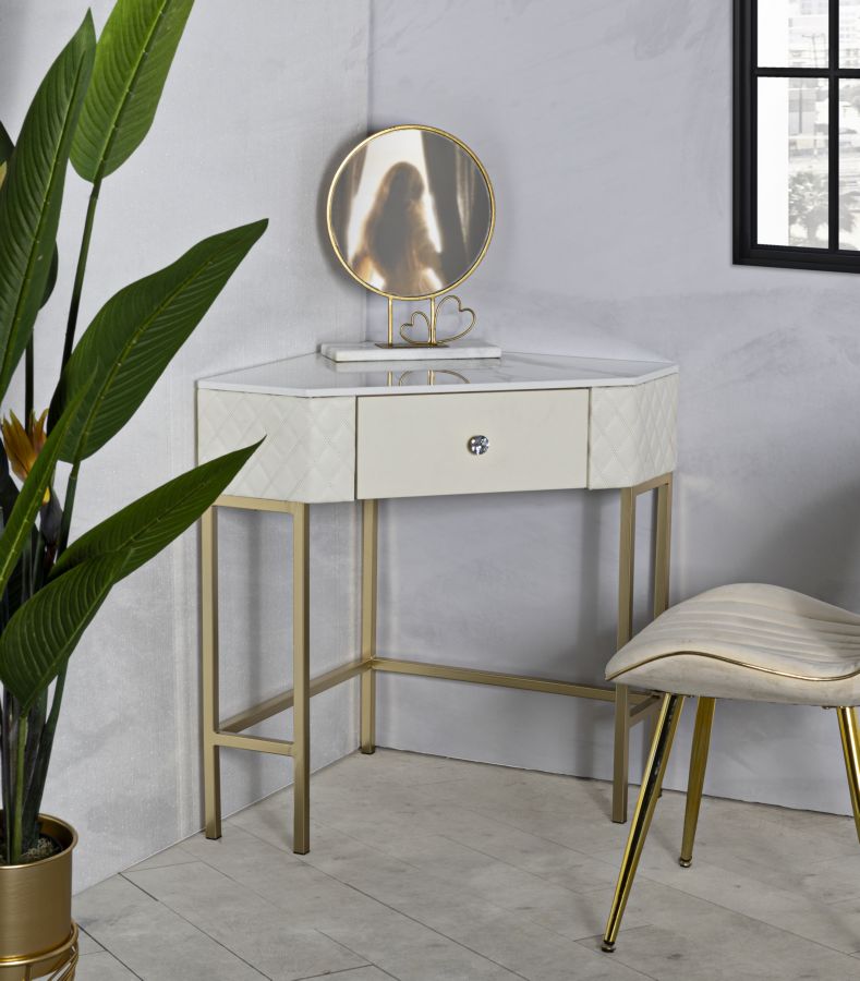 Consolle Sharon in metallo dorato e similpelle crema cm 84,5x60x77