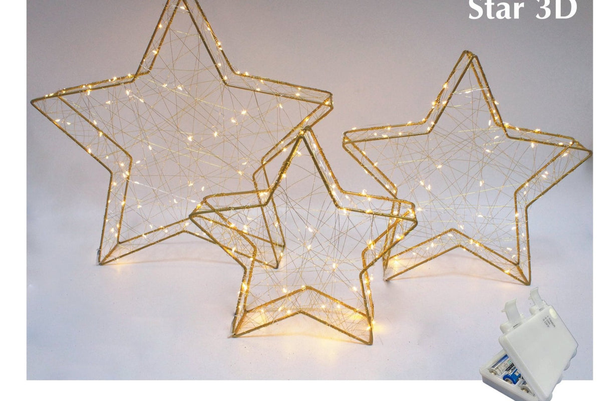 Set 3 Stelle Luminose 3D Led Bianco Caldo ogni Stella ha il suo box batteria con funzione Timer