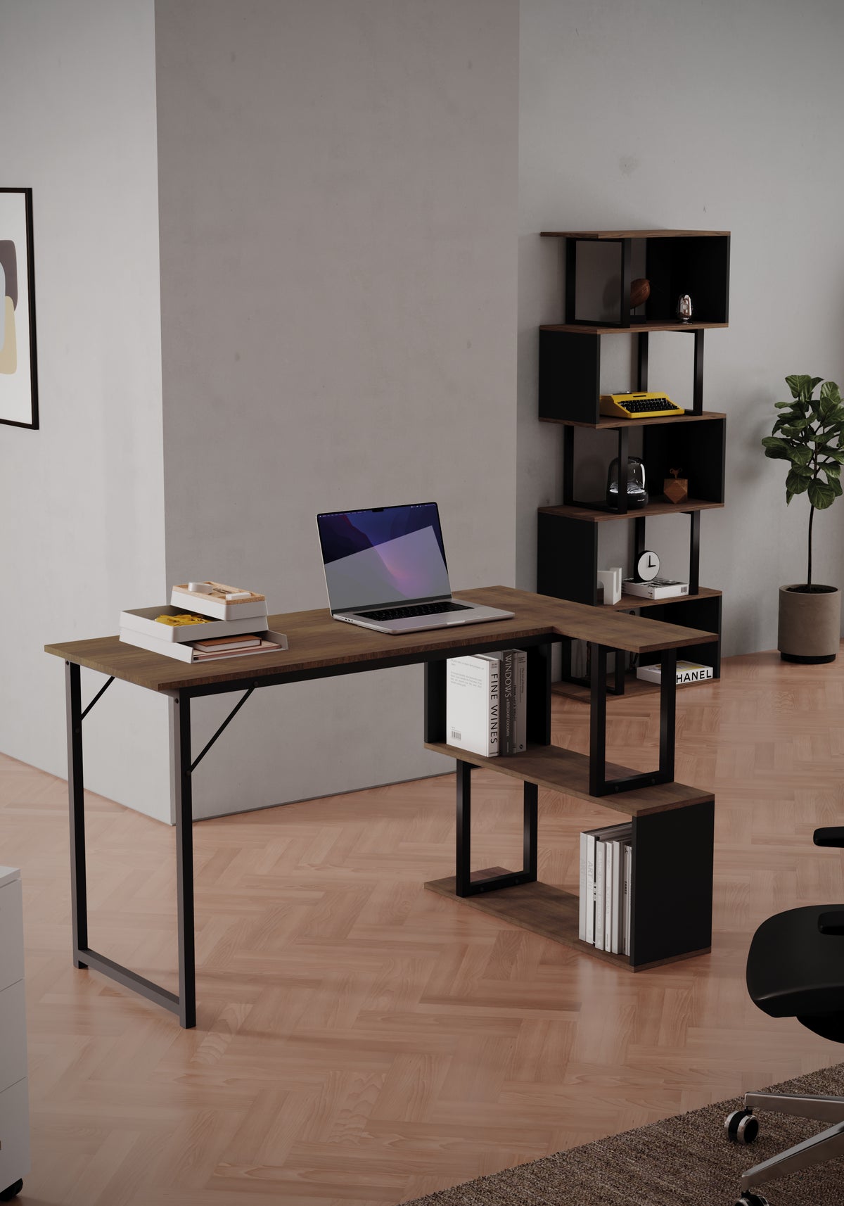 Scrivania con angolo portaoggetti, con base in metallo, colore Noce+Nero