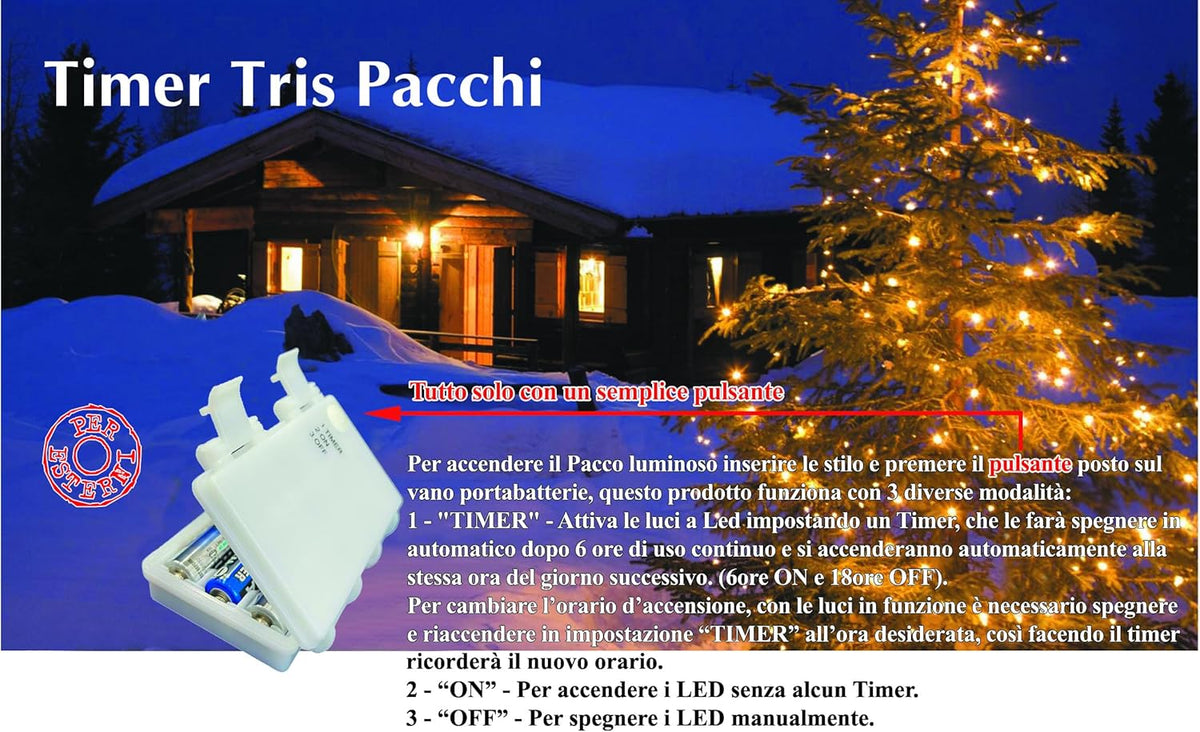 Set 3 pacchi regalo con luci a Led bianco freddo, con box batterie e Timer, ogni pacco dispone del suo box batterie