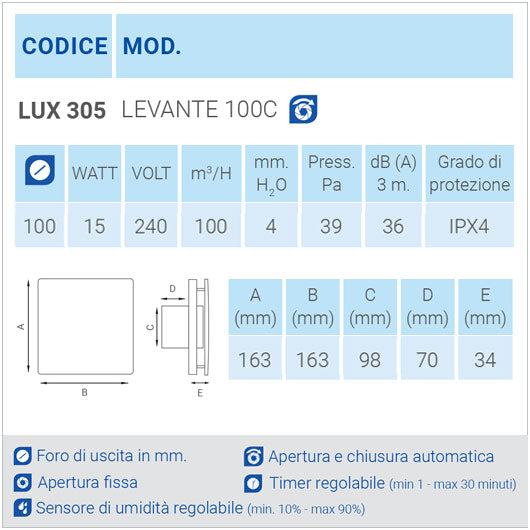 Aspiratore da parete LUX305 Ø100 con apertura e chiusura automatica scheda tecnica