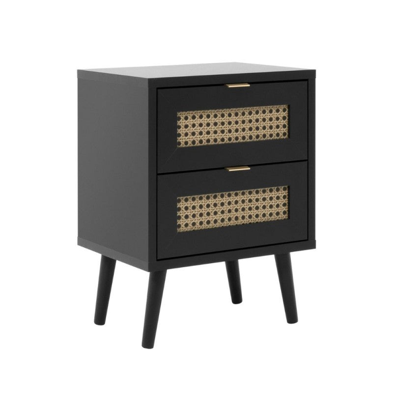 Comodino 2 cassetti nero con frontali effetto vimini