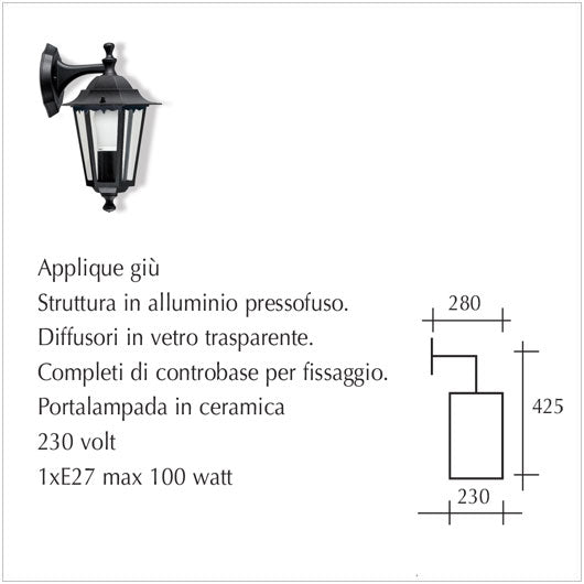 Applique Lanterna esagonale con braccio Serie Classic Big 1xE27/Max75W Disponibile sia in Versione Giù che Su Colore Nero