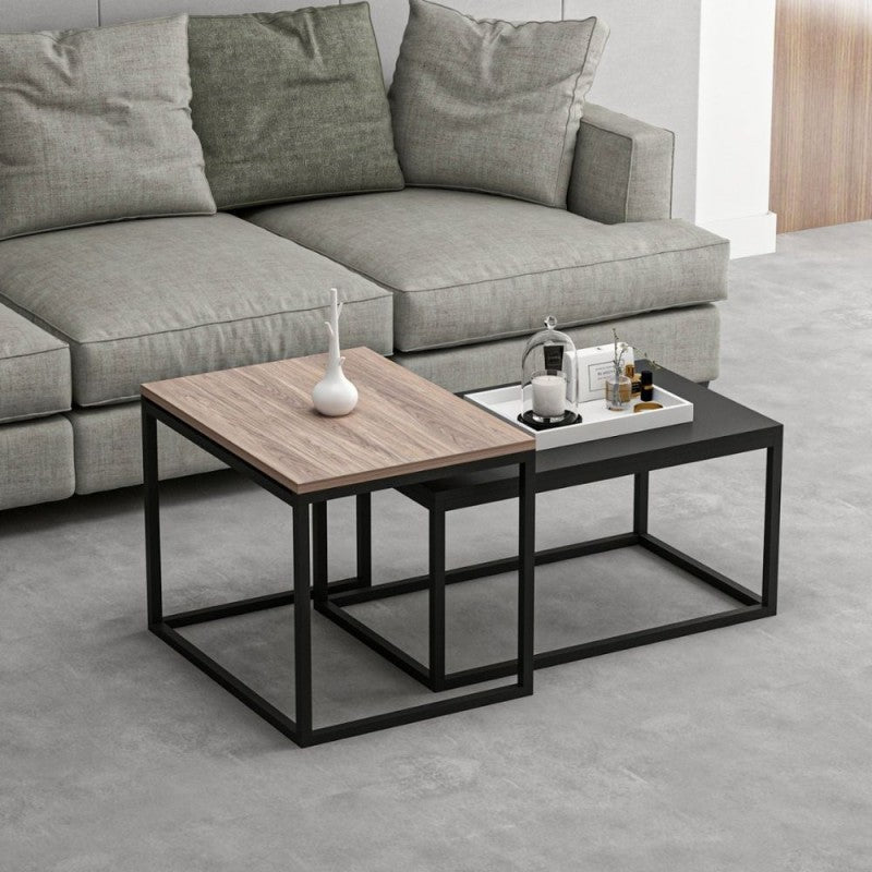 Set tavolini da salotto nero e noce struttura in metallo
