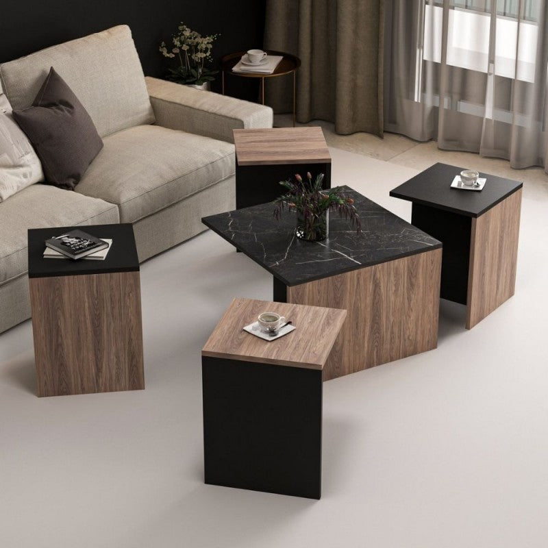 Set tavolini da salotto nero e noce nucleo effetto marmo.
