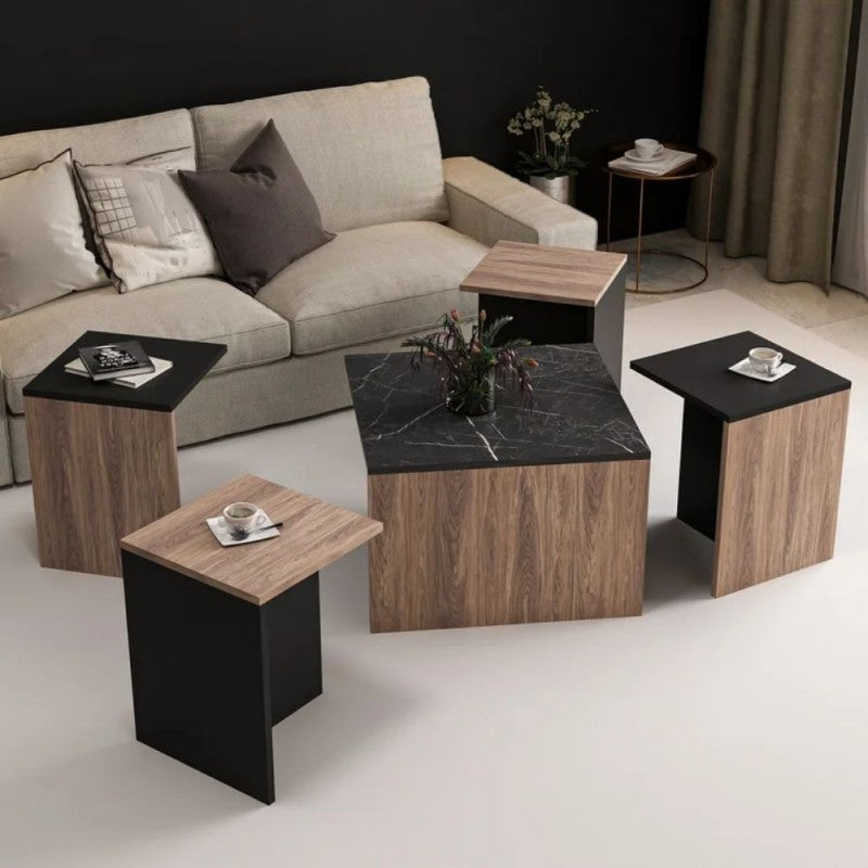 Set tavolini da salotto nero e noce nucleo effetto marmo.