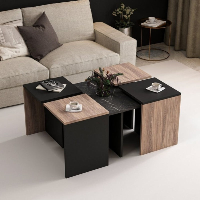 Set tavolini da salotto nero e noce nucleo effetto marmo.