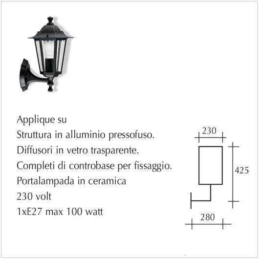 Applique Lanterna esagonale con braccio Serie Classic Big 1xE27/Max75W Disponibile sia in Versione Giù che Su Colore Nero