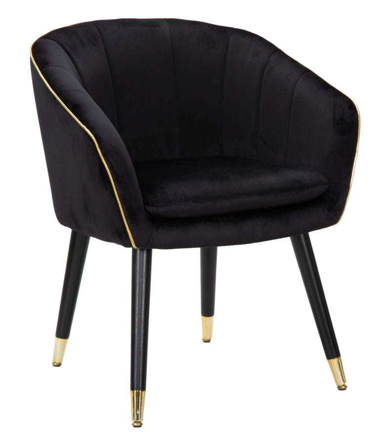 POLTRONA PARIS IN TESSUTO IMBOTTITO CON RIFINITURE DORATE E GAMBE IN LEGNO NERO CM 62X58X78