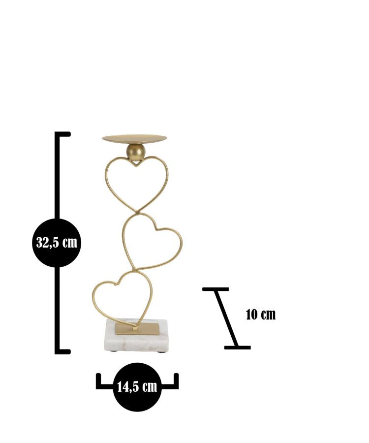Portacandele in metallo dorato cuori con marmo  Set 2 pezzi