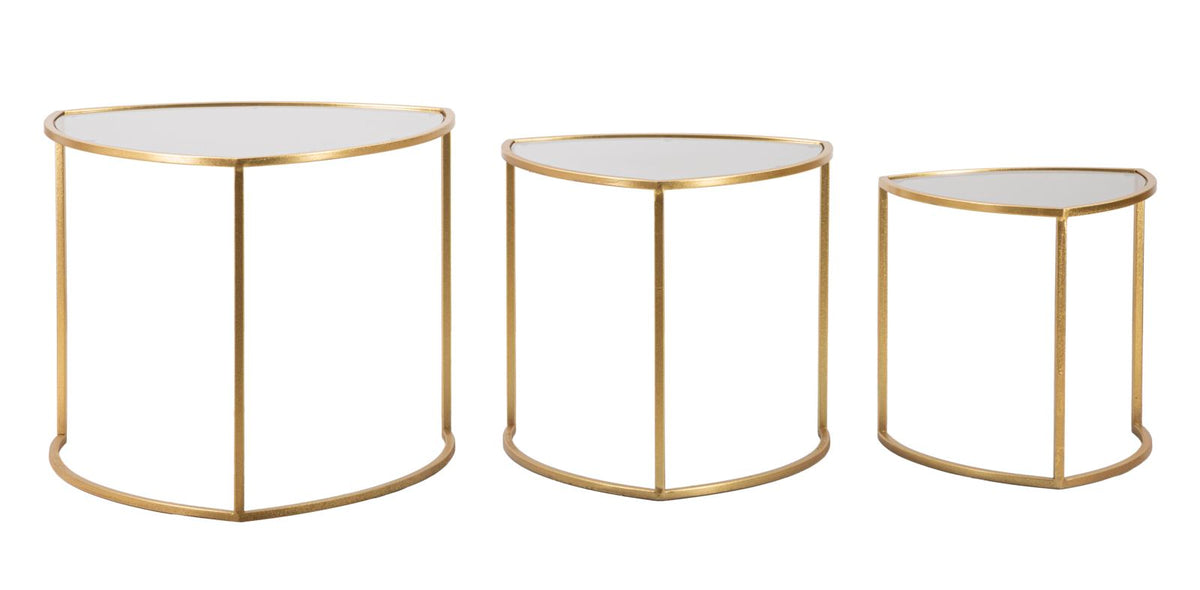 Set di tre tavolinetti triangolari  metallo dorato
