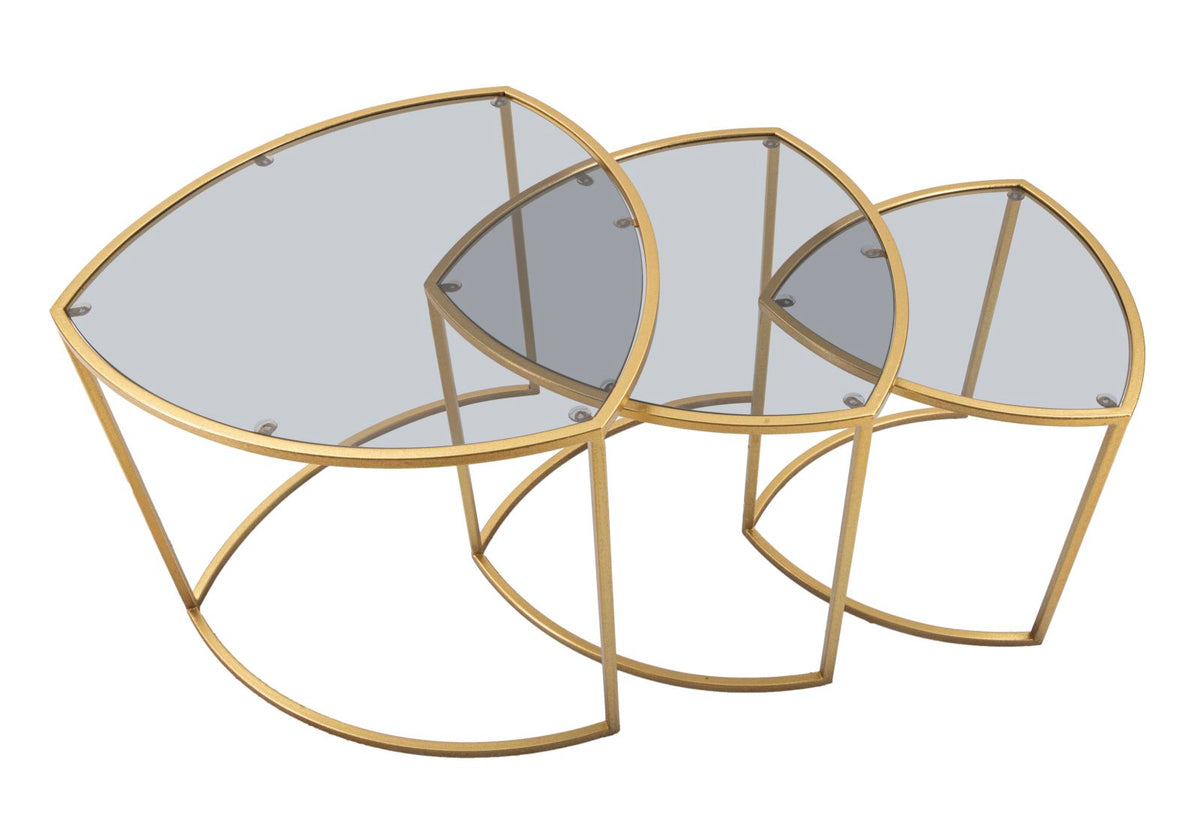 Set di tre tavolinetti triangolari  metallo dorato