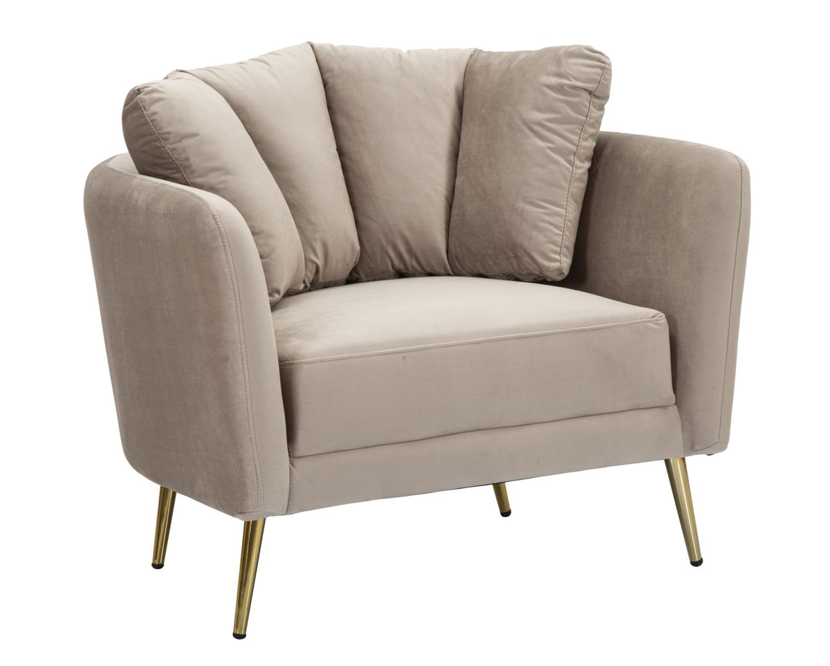 POLTRONA KIEV IN TESSUTO  IMBOTTITO CON PIEDI IN METALLO DORATO CM 88X77X74
