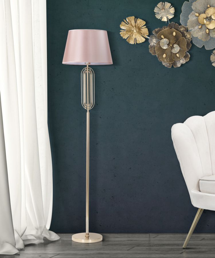 Piantana Krista in metallo dorata con paralume rosa Ø cm 40x168,5