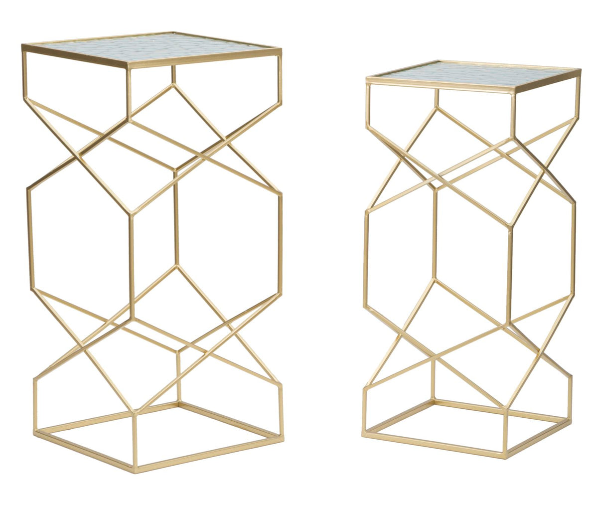 Set di 2 tavolini in metallo dorati e vetro cm 31,5x31,5x68-28x28x64