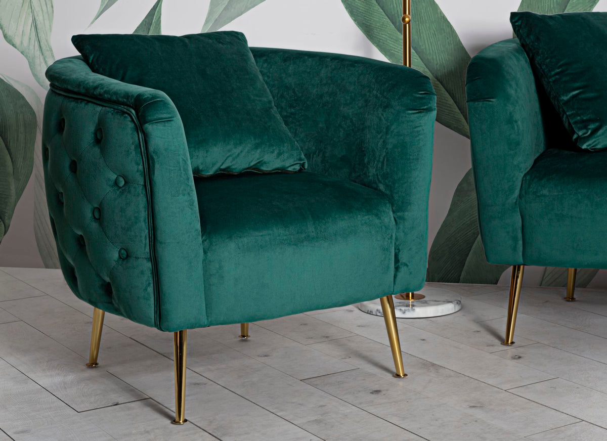 POLTRONA BUCAREST IN VELLUTO CON PIEDI IN METALLO DORATO  CM 76X74X73