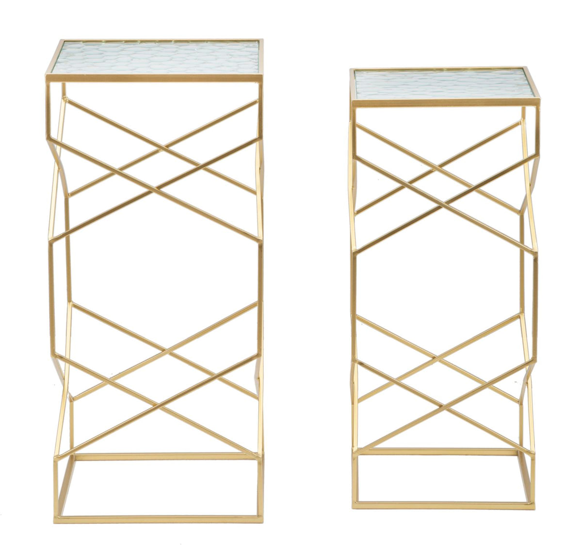 Set di 2 tavolini in metallo dorati e vetro cm 31,5x31,5x68-28x28x64