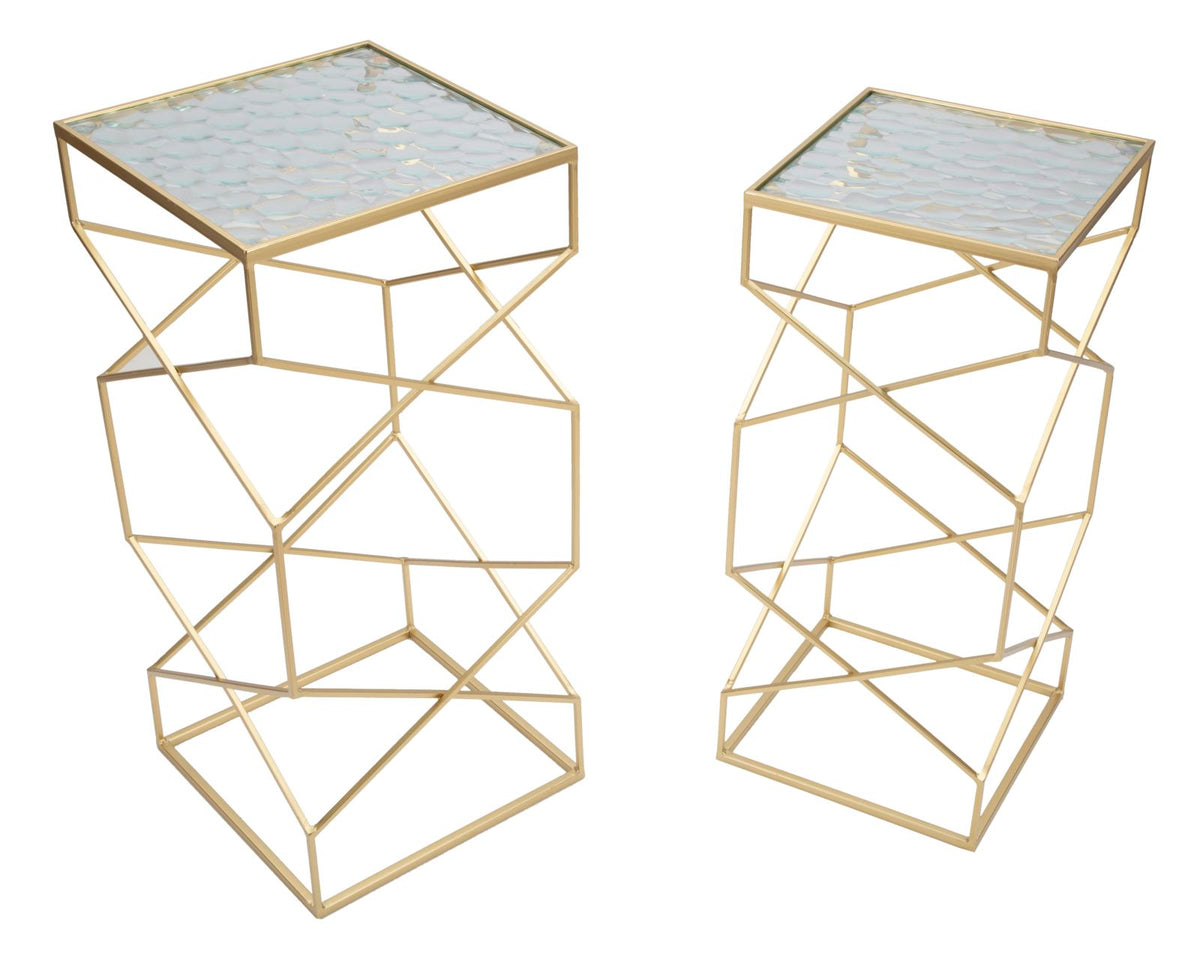 Set di 2 tavolini in metallo dorati e vetro cm 31,5x31,5x68-28x28x64