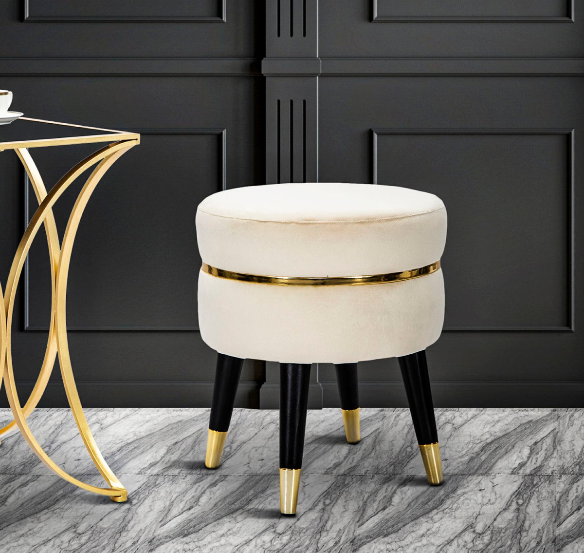 Sgabello/Pouf Paris rotondo in tessuto con gambe in legno Ø cm 35X40,5