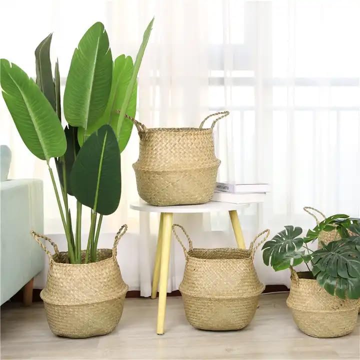Set 3 Ceste decorativi in paglia intrecciata naturale con manici