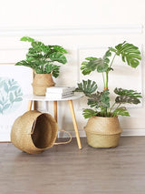 Set 3 Ceste decorativi in paglia intrecciata naturale con manici