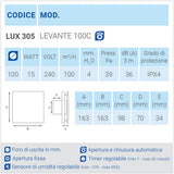 Aspiratore da parete LUX305 Ø100 con apertura e chiusura automatica scheda tecnica