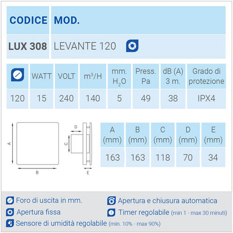 LUX308 Aspiratore da parete con apertura fissa