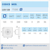 LUX128 Ø120 Aspiratore da parete con apertura e chiusura automatica