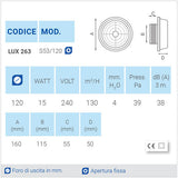 LUX263 Ø120 Aspiratore da parete con apertura fissa