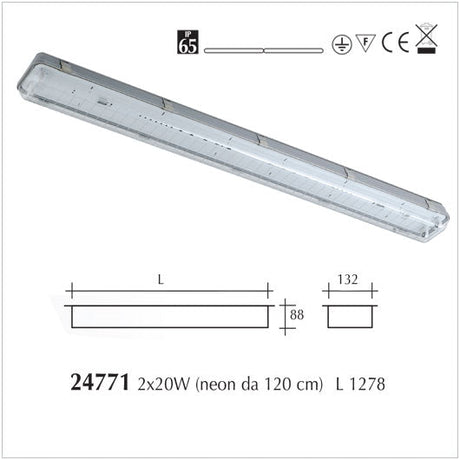 Plafoniera Stagna IP65 per Neon a Led/T8 bilampada 1278