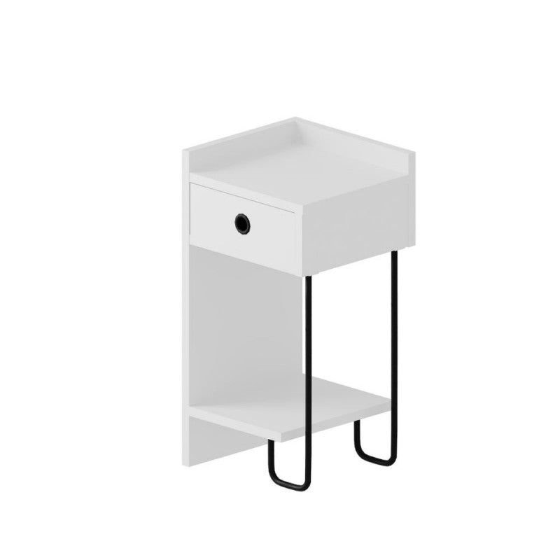 Comodino bianco con cassetto e gamba in metallo nero