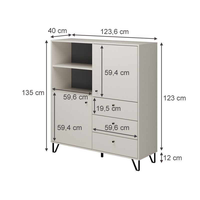 Credenza composta da 2 ante e 3 cassetti