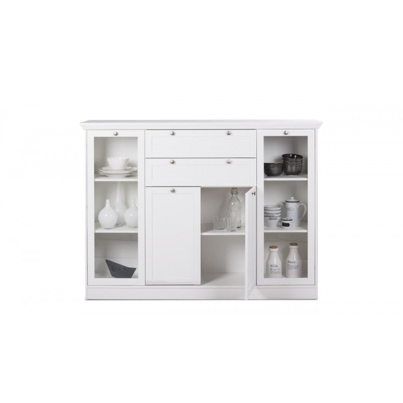 Credenza composta da 2 ante in vetro, 2 ante in legno e 2 cassetti.