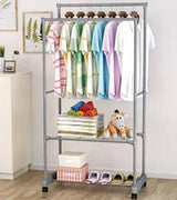 Stender appendiabiti doppio Grigio con ripiano, portascarpe con ruote Misura 77x39x157cm