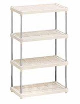 Scaffale portatutto Bianco realizzato con tubi in metallo e Ripiani in plastica grigliati .