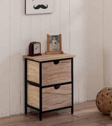 Cassettiera a due cassetti con struttura in metallo colore nero con top e cassettiin legno con finitura effetto bruciato.