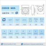 LUX 214 Ø80 Aspiratore da parete centrifugo - scheda tecnica