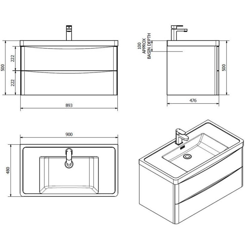 Mobile bagno sospeso bianco lucido 90x48x55