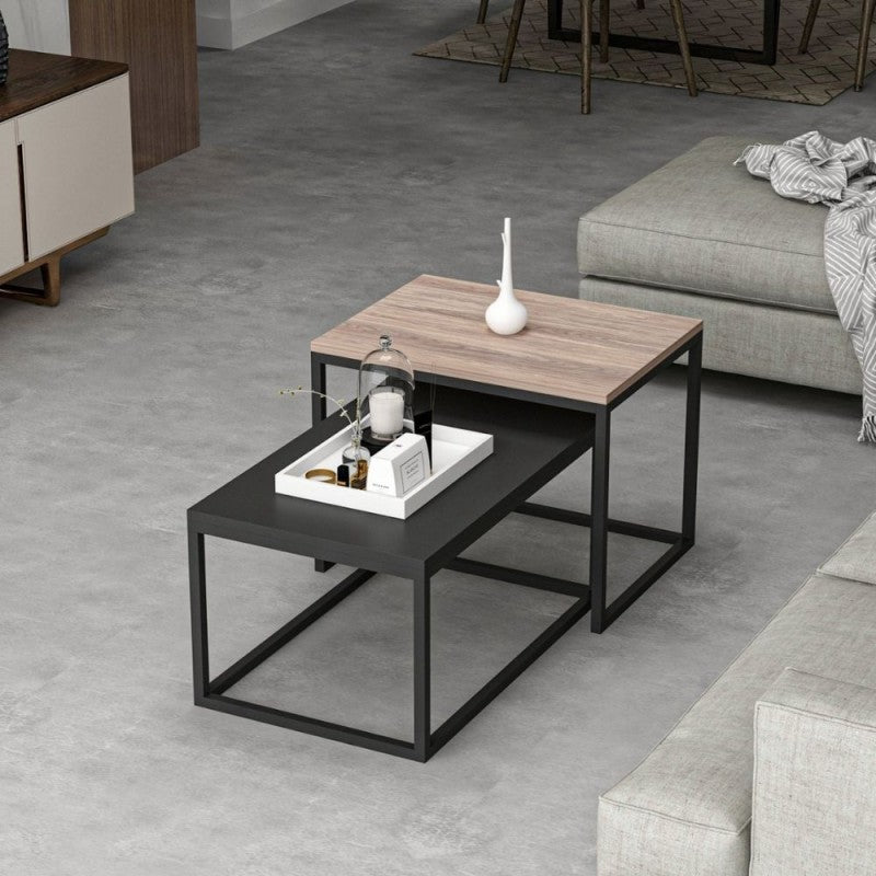 Set tavolini da salotto nero e noce struttura in metallo